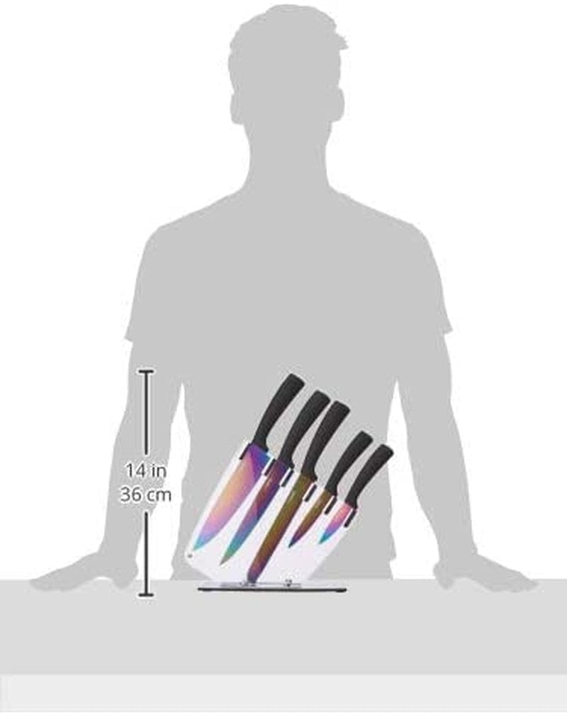 TOWER T80703 Kitchen Set with Acrylic Knife Block, Multi-Coloured Blades with Black Handles, 5-Piece