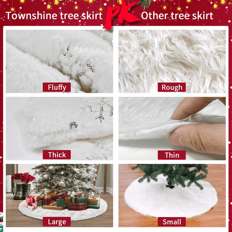 Townshine 48 Inch Christmas Tree Skirt White Faux Fur Sequin Snowflakes Tree Skirt Soft Thick Plush Mat Xmas Holiday Party Decorations