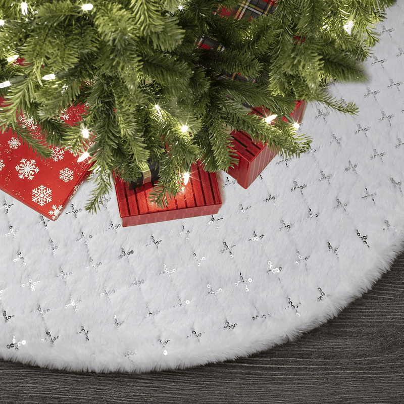 Townshine 48 Inch White Christmas Tree Skirt Faux Fur Silver Large Fur Tree Skirt Soft Thick Plush Mat Xmas Holiday Party Decorations … (Star White Fur Tree Skirts) Home & Garden > Decor > Seasonal & Holiday Decorations > Christmas Tree Skirts Townshine Default Title  