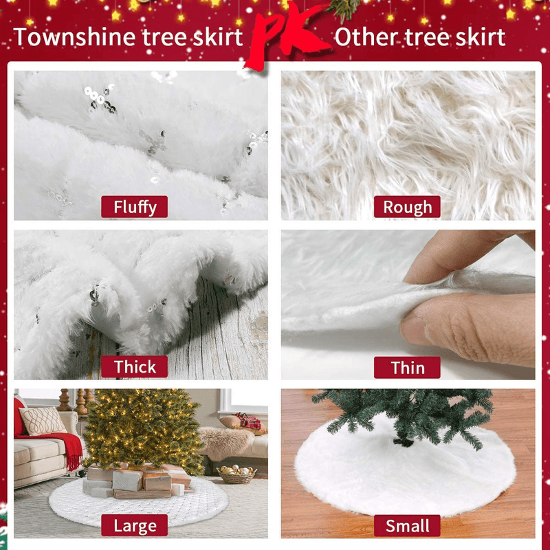 Townshine 48 Inch White Christmas Tree Skirt Faux Fur Silver Large Fur Tree Skirt Soft Thick Plush Mat Xmas Holiday Party Decorations … (Star White Fur Tree Skirts)