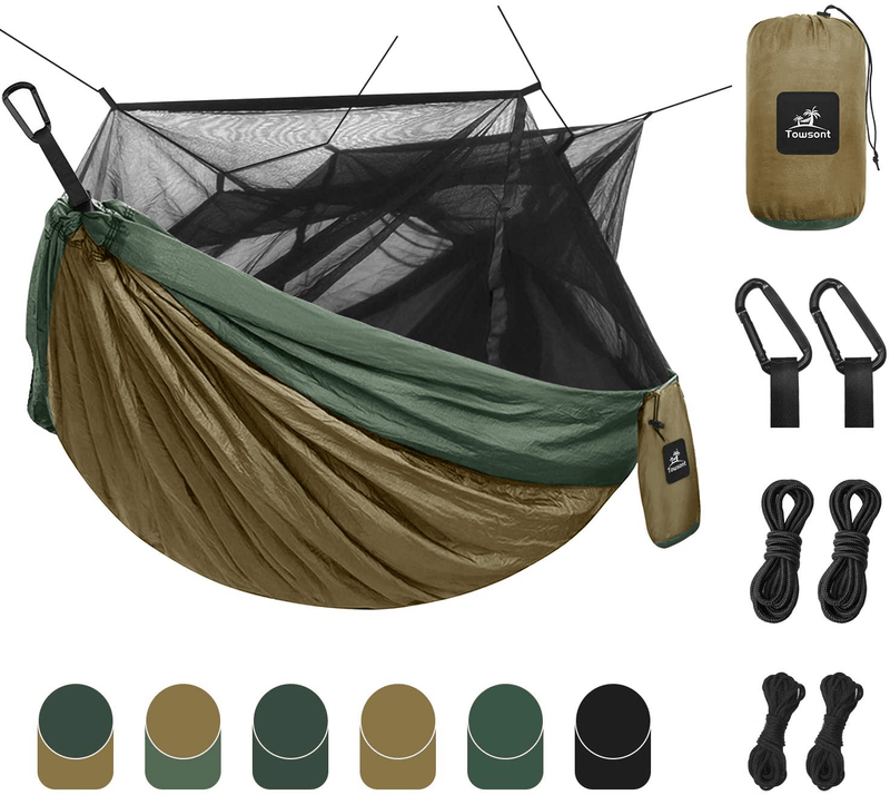 Towsont Single & Double Camping Hammock with Mosquito/Bug Net, Portable Parachute Nylon Hammock with Tree Ropes Sporting Goods > Outdoor Recreation > Camping & Hiking > Mosquito Nets & Insect Screens Towsont Khaki&olive Two Person 