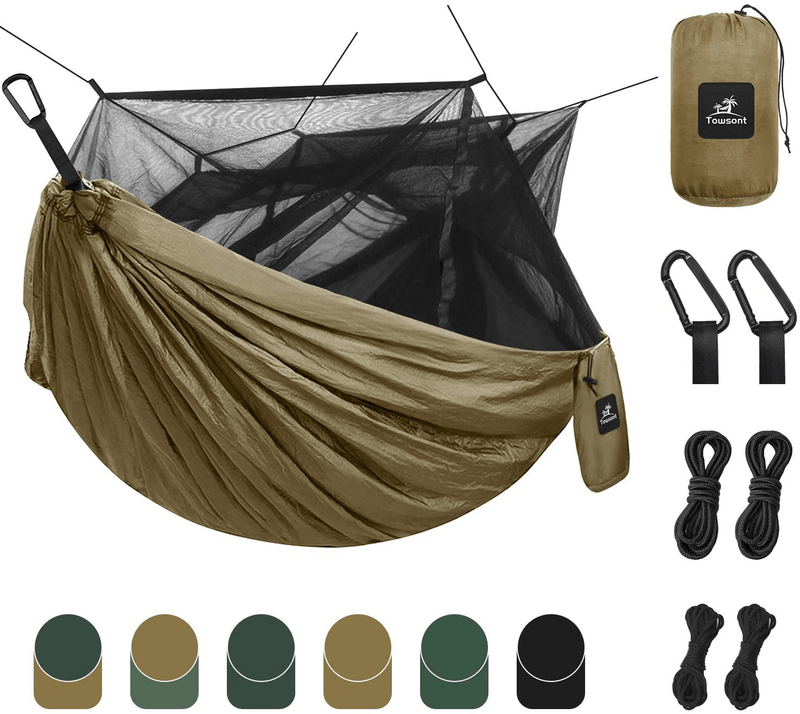 Towsont Single & Double Camping Hammock with Mosquito/Bug Net, Portable Parachute Nylon Hammock with Tree Ropes