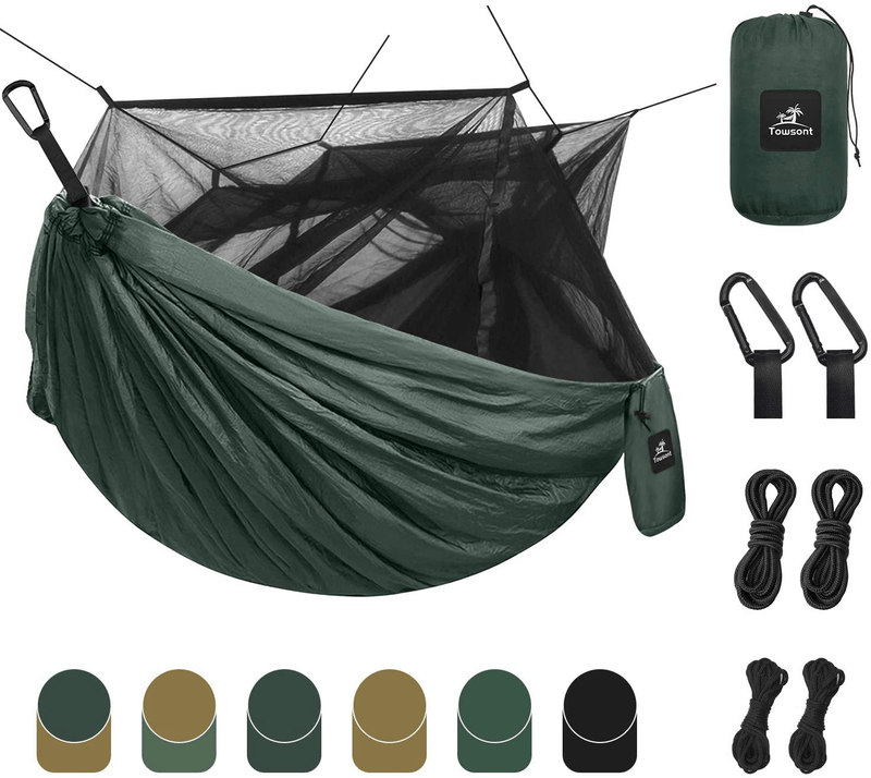 Towsont Single & Double Camping Hammock with Mosquito/Bug Net, Portable Parachute Nylon Hammock with Tree Ropes Sporting Goods > Outdoor Recreation > Camping & Hiking > Mosquito Nets & Insect Screens Towsont Army Green One Person 