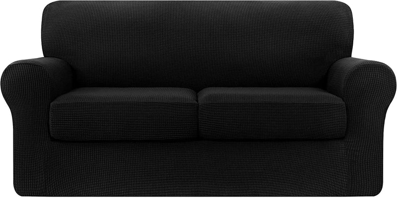 TOYABR 3 Pieces Sofa Slipcover Removable Couch Cover with 2 Separate Cushions, Washable Loveseat Slipcovers, High Stretch Soft Furniture Protector for Pets and Kids (Medium,Black) Home & Garden > Decor > Chair & Sofa Cushions TOYABR   
