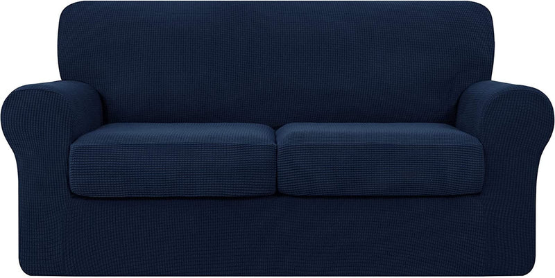 TOYABR 3 Pieces Sofa Slipcover Removable Couch Cover with 2 Separate Cushions, Washable Loveseat Slipcovers, High Stretch Soft Furniture Protector for Pets and Kids (Medium,Dove Gray) Home & Garden > Decor > Chair & Sofa Cushions TOYABR Dark Blue Medium 