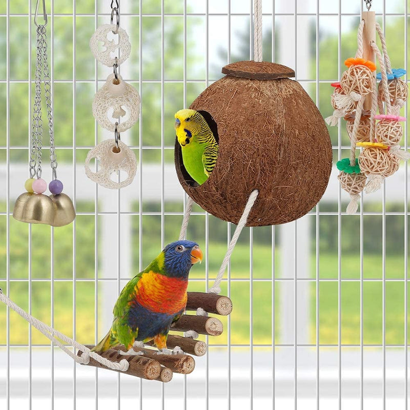 Toys for Bird Parakeet Toy Bird Perch Bird Cage Hammock Coconut Hideaway with Ladder Hanging Bell Swing Chewing Hanging Toy for Parakeet,Conure,Cockatiel,Love Birds,Parrots
