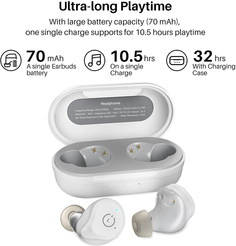 TOZO NC9 Hybrid Active Noise Cancelling Wireless Earbuds, ANC in Ear Headphones IPX6 Waterproof Bluetooth 5.0 Stereo Earphones, Immersive Sound Premium Deep Bass Headset,White Electronics > Audio > Audio Components > Headphones & Headsets > Headphones TOZO   