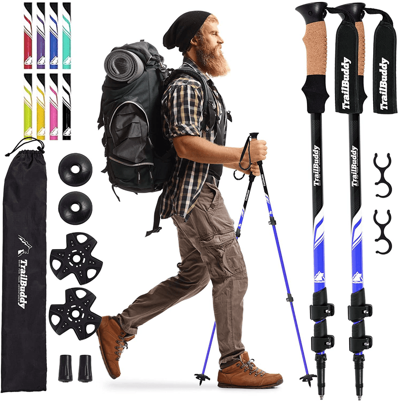 Trailbuddy Collapsible Hiking Poles - Pack of 2 Trekking Poles for Hiking, Camping & Backpacking - Lightweight, Adjustable Aluminum Walking Sticks W/ Cork Grip Sporting Goods > Outdoor Recreation > Camping & Hiking > Hiking Poles TrailBuddy Lake Blue  