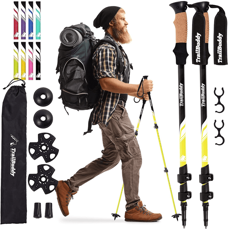 Trailbuddy Collapsible Hiking Poles - Pack of 2 Trekking Poles for Hiking, Camping & Backpacking - Lightweight, Adjustable Aluminum Walking Sticks W/ Cork Grip Sporting Goods > Outdoor Recreation > Camping & Hiking > Hiking Poles TrailBuddy Bumblebee Yellow  