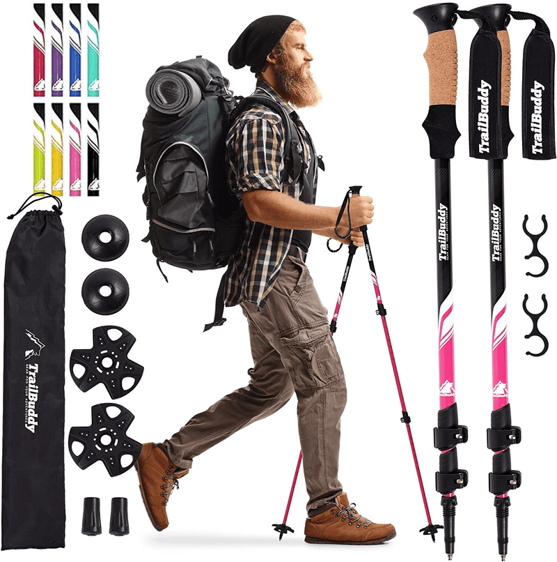 Trailbuddy Collapsible Hiking Poles - Pack of 2 Trekking Poles for Hiking, Camping & Backpacking - Lightweight, Adjustable Aluminum Walking Sticks W/ Cork Grip Sporting Goods > Outdoor Recreation > Camping & Hiking > Hiking Poles TrailBuddy Berry Pink  