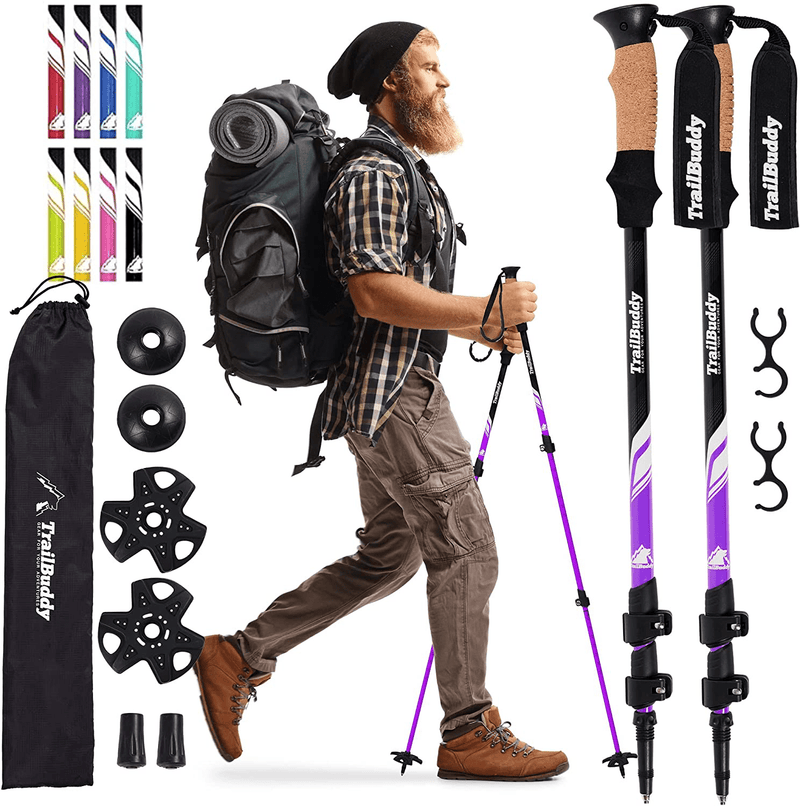 Trailbuddy Collapsible Hiking Poles - Pack of 2 Trekking Poles for Hiking, Camping & Backpacking - Lightweight, Adjustable Aluminum Walking Sticks W/ Cork Grip Sporting Goods > Outdoor Recreation > Camping & Hiking > Hiking Poles TrailBuddy Plum Purple  