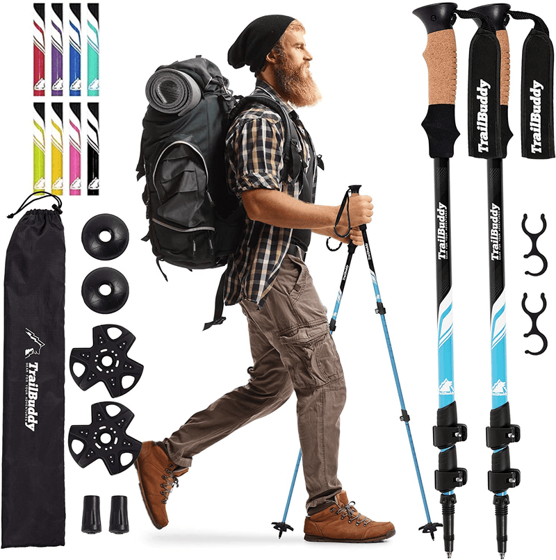 Trailbuddy Collapsible Hiking Poles - Pack of 2 Trekking Poles for Hiking, Camping & Backpacking - Lightweight, Adjustable Aluminum Walking Sticks W/ Cork Grip Sporting Goods > Outdoor Recreation > Camping & Hiking > Hiking Poles TrailBuddy Aqua Sky  