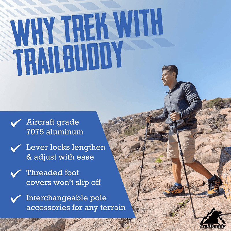 Trailbuddy Collapsible Hiking Poles - Pack of 2 Trekking Poles for Hiking, Camping & Backpacking - Lightweight, Adjustable Aluminum Walking Sticks W/ Cork Grip
