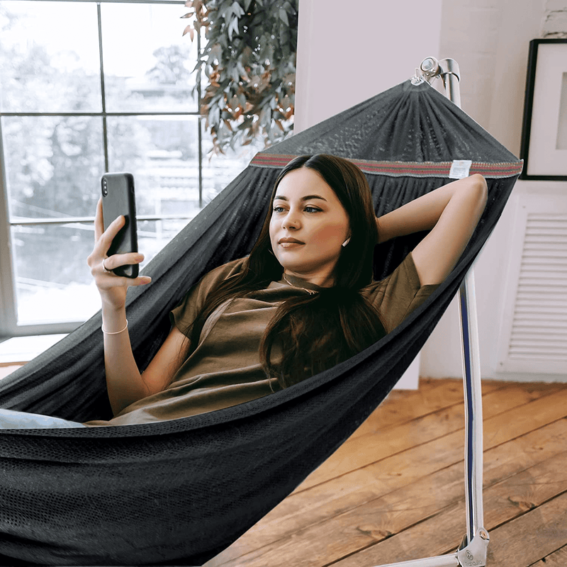 Tranquillo Pearluxis Hammock Stand – 1.2mm Thickness Stainless Steel Frame with Polyester Hammock Net, Single, Black Home & Garden > Lawn & Garden > Outdoor Living > Hammocks Tranquillo   