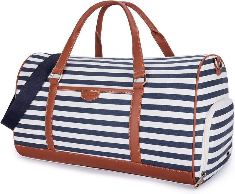 Travel Duffle Bag MISSNINE Canvas Sport Duffle Weekender Bag Overnight Bag Carry on Gym Bag with Shoe Compartment, Blue Stripe Home & Garden > Household Supplies > Storage & Organization Missnine 3-Blue Stripe  