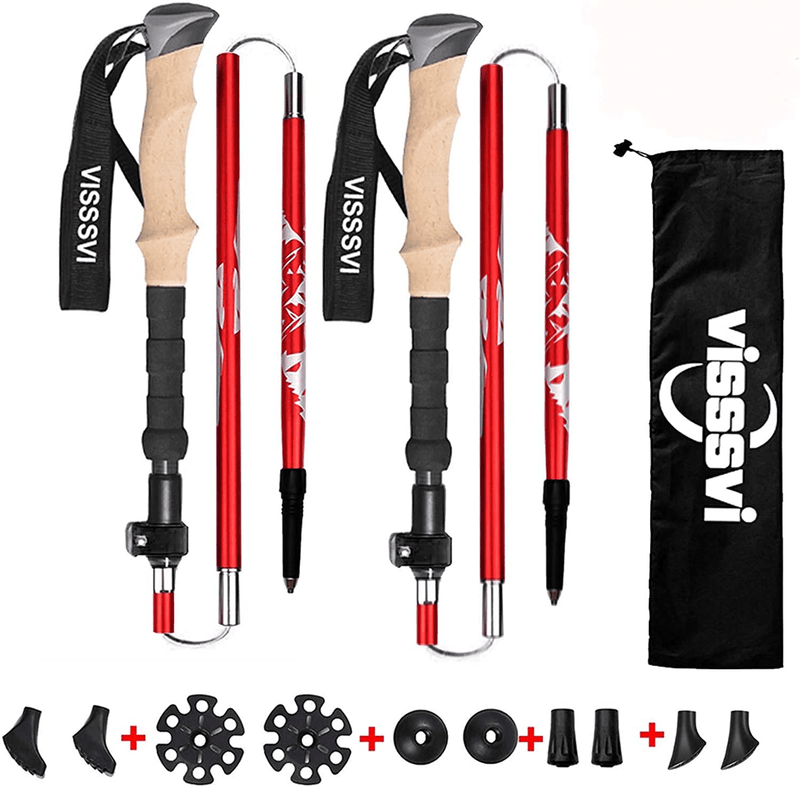 Travel Folding Trekking Hiking Pole with Carrying Case,Visssvi 2 Pack Durable 7075 Auminum Walking Stick , Adjustable Lightweight Collapsible Poles for Man Women Hiking Camping Sporting Goods > Outdoor Recreation > Camping & Hiking > Hiking Poles VISSSVI Red  