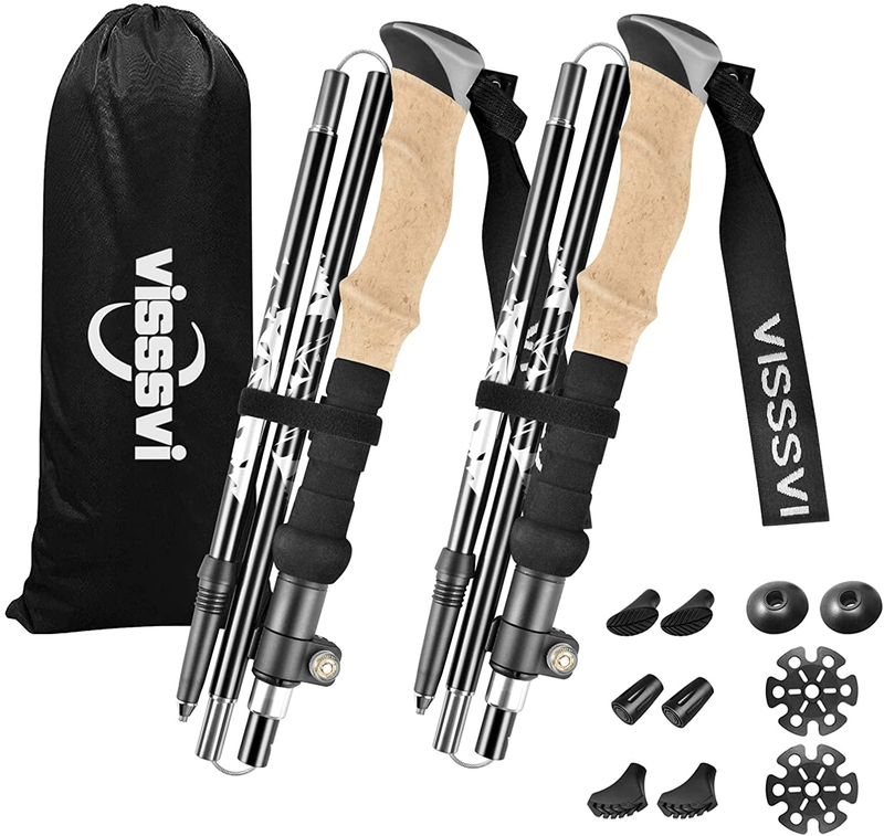 Travel Folding Trekking Hiking Pole with Carrying Case,Visssvi 2 Pack Durable 7075 Auminum Walking Stick , Adjustable Lightweight Collapsible Poles for Man Women Hiking Camping Sporting Goods > Outdoor Recreation > Camping & Hiking > Hiking Poles VISSSVI Folding-black  