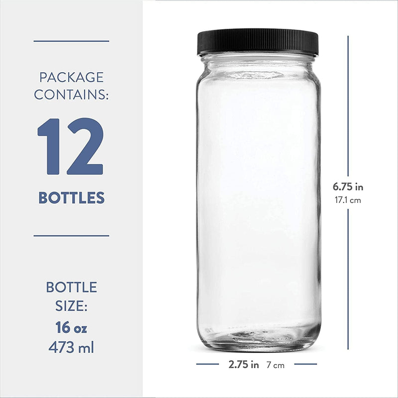 Travel Glass Drinking Bottle Mason Jar 16 Ounce [12-Pack] Plastic Airtight Lids, Reusable Glass Water Bottle for Juicing, Smoothies, Kombucha, Tea, Milk Bottles, Homemade Beverages Bottle, Home & Garden > Decor > Decorative Jars Paksh Novelty   