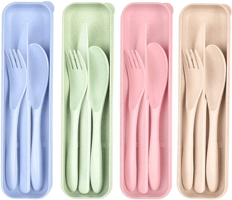 Travel Utensil Set with Case, 4 Sets Wheat Straw Reusable Spoon Knife Forks Tableware, Eco Friendly Non-toxin BPA Free Portable Cutlery for Travel Picnic Camping or Daily Use Home & Garden > Kitchen & Dining > Tableware > Flatware > Flatware Sets Lnrkai Default Title  