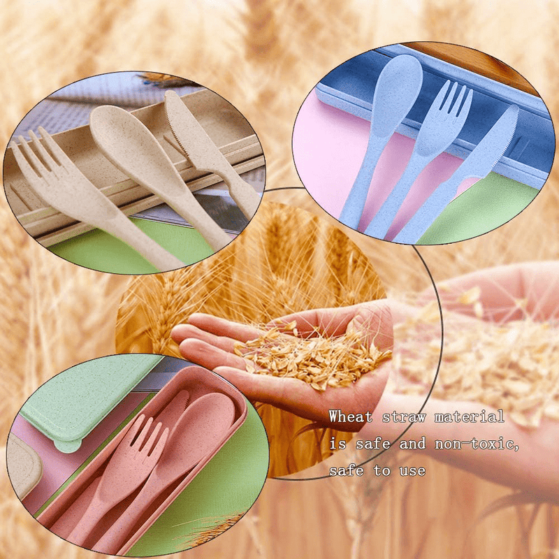 Travel Utensil Set with Case, 4 Sets Wheat Straw Reusable Spoon Knife Forks Tableware, Eco Friendly Non-toxin BPA Free Portable Cutlery for Travel Picnic Camping or Daily Use