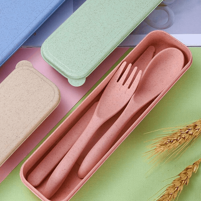 Travel Utensil Set with Case, 4 Sets Wheat Straw Reusable Spoon Knife Forks Tableware, Eco Friendly Non-toxin BPA Free Portable Cutlery for Travel Picnic Camping or Daily Use Home & Garden > Kitchen & Dining > Tableware > Flatware > Flatware Sets Lnrkai   