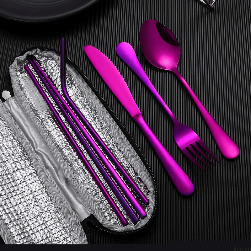 Travel Utensils,Reusable Silverware Set To Go Portable Cutlery Set with a Waterproof Carrying Case for Lunch Boxes Workplace Camping School Picnic (BrownGridCase/Purple) Home & Garden > Kitchen & Dining > Tableware > Flatware > Flatware Sets Topbooc   