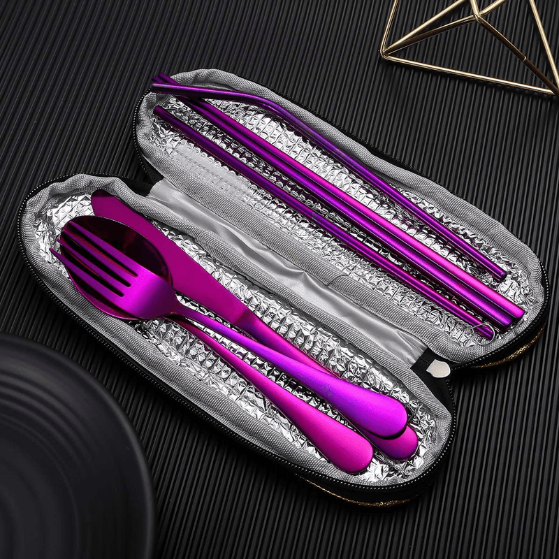 Travel Utensils,Reusable Silverware Set To Go Portable Cutlery Set with a Waterproof Carrying Case for Lunch Boxes Workplace Camping School Picnic (BrownGridCase/Purple)