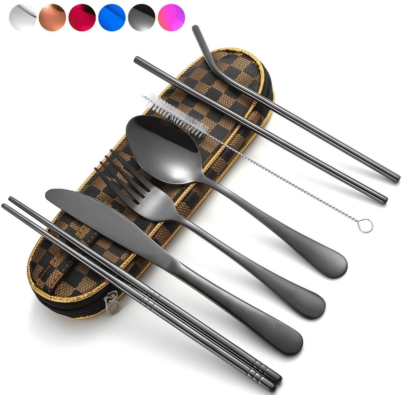 Travel Utensils,Reusable Silverware Set To Go Portable Cutlery Set with a Waterproof Carrying Case for Lunch Boxes Workplace Camping School Picnic (BrownGridCase/Purple) Home & Garden > Kitchen & Dining > Tableware > Flatware > Flatware Sets Topbooc Black  