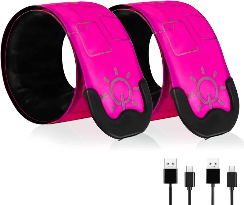 TRAYIU LED Safety Wristband Lights - 2 Pack Rechargeable Light up Arm Ankle Band Kids Magic Slap Glow Bracelets Reflective Belt High Visibility for Night Cycling Walking Joggers Running Gear Sporting Goods > Outdoor Recreation > Winter Sports & Activities TRAYIU Pink  