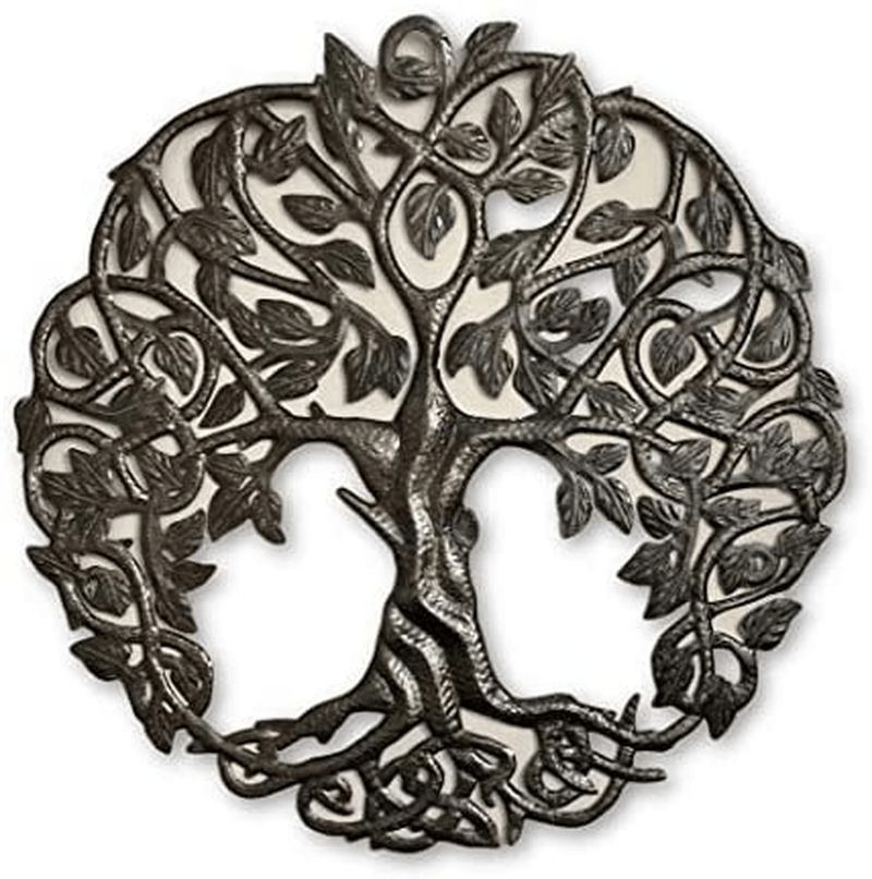 Tree of Life Metal Wall Art, Contemporary Iron Artwork Decor, Celtic Family Trees, 23 In. x 23 In. Round Modern Plaque, Handmade in Haiti,Fair Trade Certified, Signed By Wilson Etienne Home & Garden > Decor > Artwork > Sculptures & Statues It's Cactus Default Title  