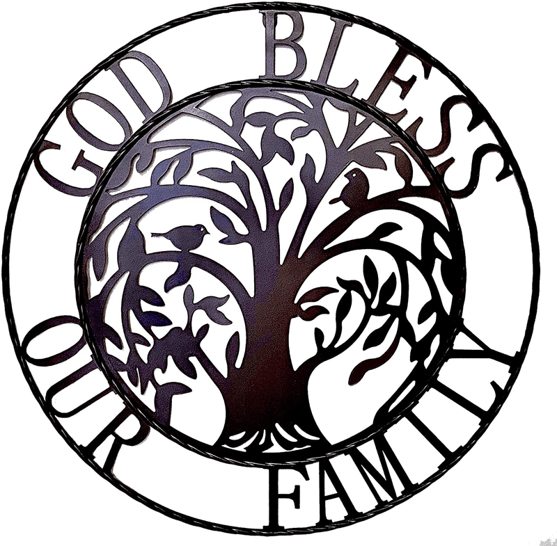 Tree of Life Rustic Metal Wall Art - God Bless Our Family 24" Metal Circle Wall Decor Hanging Sign Home Decoration Wall Plaque Home & Garden > Decor > Artwork > Sculptures & Statues BestGiftEver   