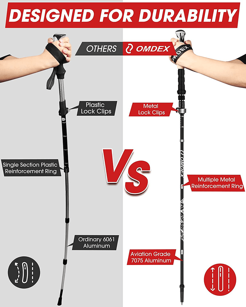 Trekking Poles for Hiking Collapsible - OMDEX Upgrade Ultralight Folding Aluminum Alloy 7075 Hiking Pole Pairs, Hiking Sticks Lightweight with Quick Lock System, Foldable Walking Sticks for Men Women