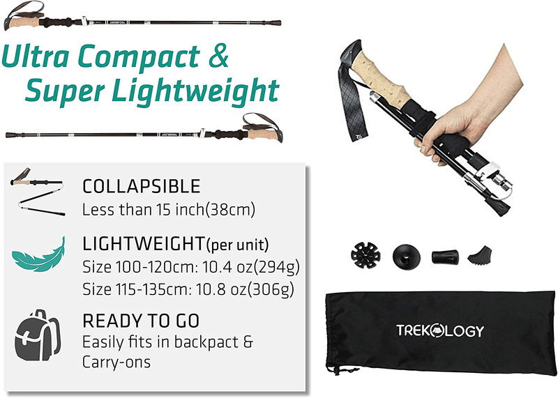 Trekology Trek-Z Trekking Hiking Poles - 2Pc Pack Collapsible Folding Walking Sticks, Strong Lightweight Aluminum 7075,Adjustable Quick Flip-Lock, Foldable