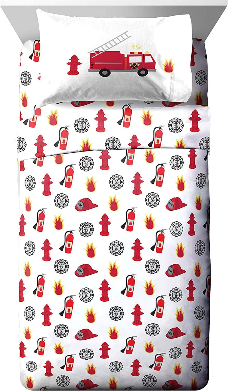 Trend Collector Go Fire Truck Go 4 Piece Toddler Bed Set - Includes Comforter & Sheet Set - Super Soft Fade Resistant Microfiber Bedding