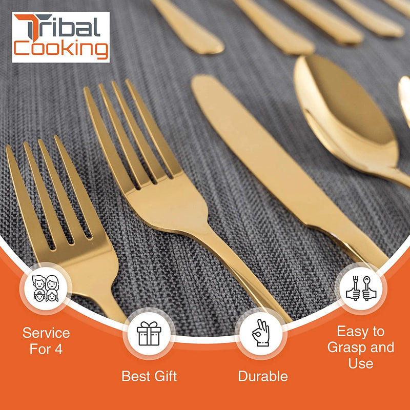 Tribal Cooking Gold Flatware Set-Stainless Steel silverware, Utensil, Cutlery Set-Flatware Sets - Knives, Fork and Spoon Set - 20Piece, Rust Resistant, Dishwasher Safe-Stunning Golden Polished Finish