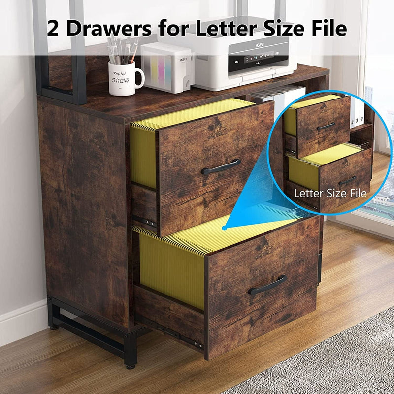 Tribesigns 2 Drawer File Cabinet for Letter Size, Vertical Filing Cabinet with Bookshelf, Large Industrial Printer Stand with Open Storage Shelves for Home Office, Brown