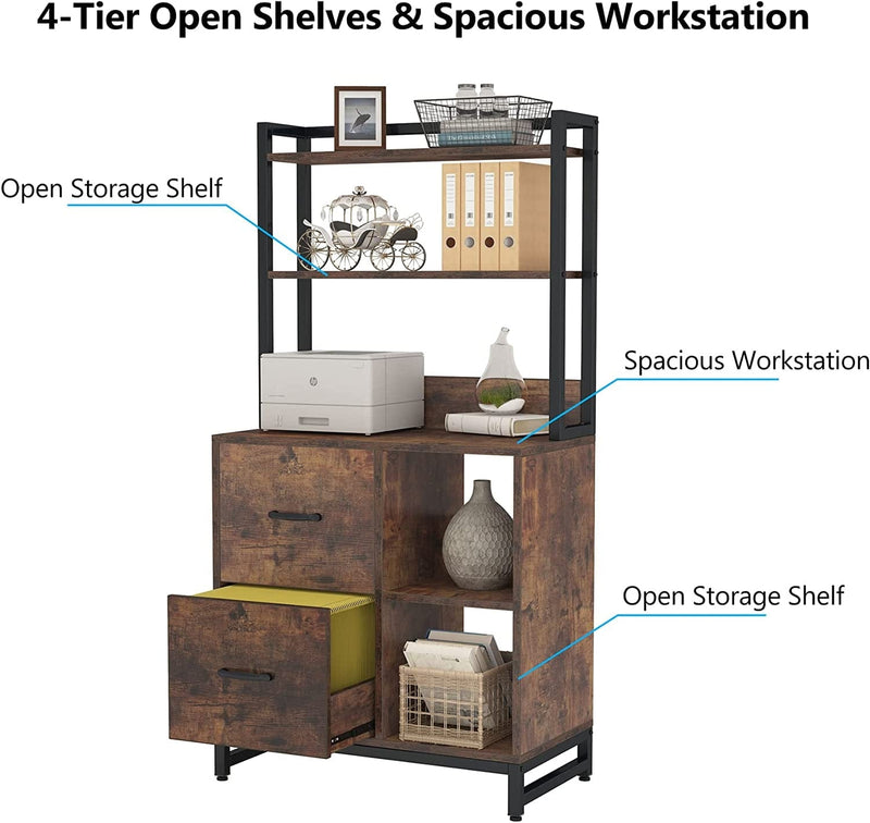 Tribesigns 2 Drawer File Cabinet for Letter Size, Vertical Filing Cabinet with Bookshelf, Large Industrial Printer Stand with Open Storage Shelves for Home Office, Brown Home & Garden > Household Supplies > Storage & Organization Tribesigns   
