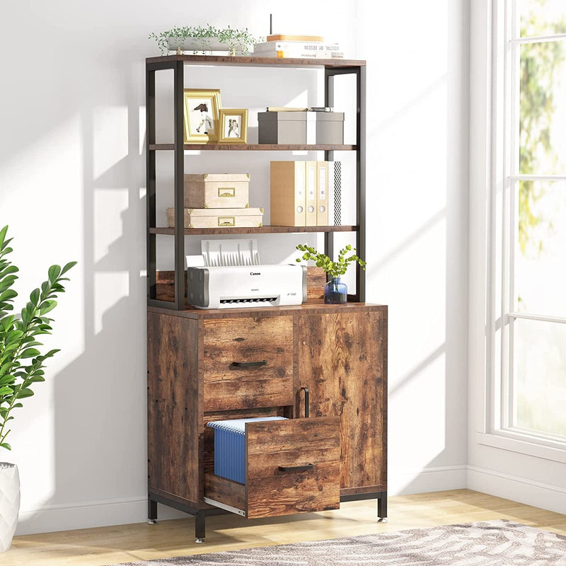 Tribesigns 2 Drawer File Cabinet with Bookshelf, 6-Tier Tall Industrial Letter Size Vertical Filing Cabinet, Wood Printer Stand with Open Storage Shelves and Door for Home Office (Rustic) Home & Garden > Household Supplies > Storage & Organization Tribesigns   