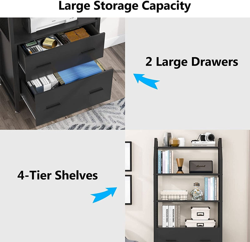 Tribesigns 2 Drawer File Cabinet with Bookshelf, Modern Vertical Filing Cabinet for Letter/Legal/A4 Size File, Large Printer Stand with Open Storage Shelves for Home Office, Black Home & Garden > Household Supplies > Storage & Organization Tribesigns   
