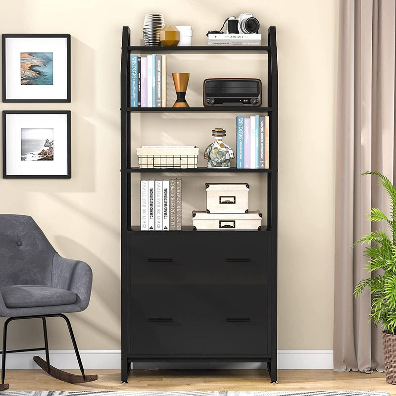 Tribesigns 2 Drawer File Cabinet with Bookshelf, Modern Vertical Filing Cabinet for Letter/Legal/A4 Size File, Large Printer Stand with Open Storage Shelves for Home Office, Black Home & Garden > Household Supplies > Storage & Organization Tribesigns   