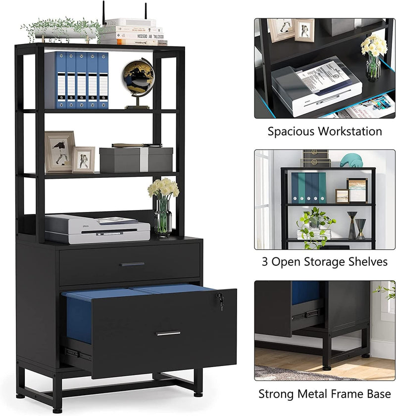 Tribesigns 2 Drawer Lateral File Cabinet with Lock, Letter Size Large Modern Filing Cabinet Printer Stand with Open Storage Shelves for Home Office, Black Home & Garden > Household Supplies > Storage & Organization Tribesigns   