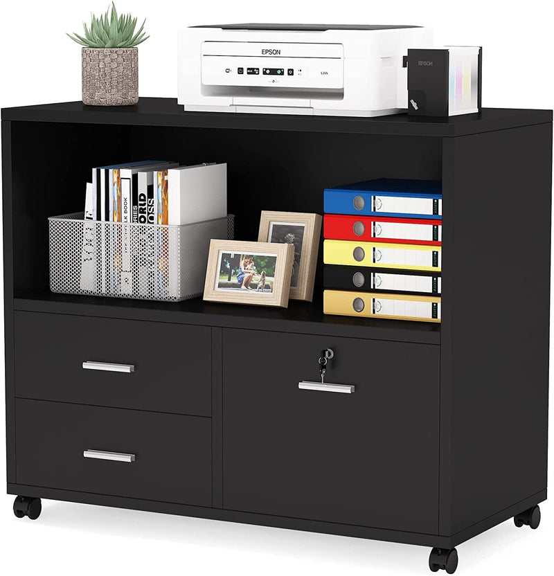 Tribesigns 3 Drawer File Cabinet with Lock, Mobile Lateral Filing Cabinet with Rolling Wheels, Large Printer Stand with Open Storage Shelves for Home Office (Black) Home & Garden > Household Supplies > Storage & Organization Tribesigns Black  