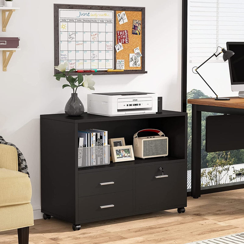 Tribesigns 3 Drawer File Cabinet with Lock, Mobile Lateral Filing Cabinet with Rolling Wheels, Large Printer Stand with Open Storage Shelves for Home Office (Black) Home & Garden > Household Supplies > Storage & Organization Tribesigns   