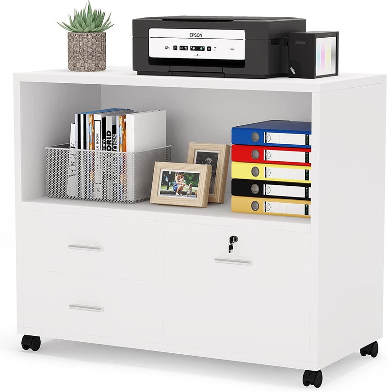 Tribesigns 3 Drawer File Cabinet with Lock, Mobile Lateral Filing Cabinet with Rolling Wheels, Large Printer Stand with Open Storage Shelves for Home Office (Black) Home & Garden > Household Supplies > Storage & Organization Tribesigns White  