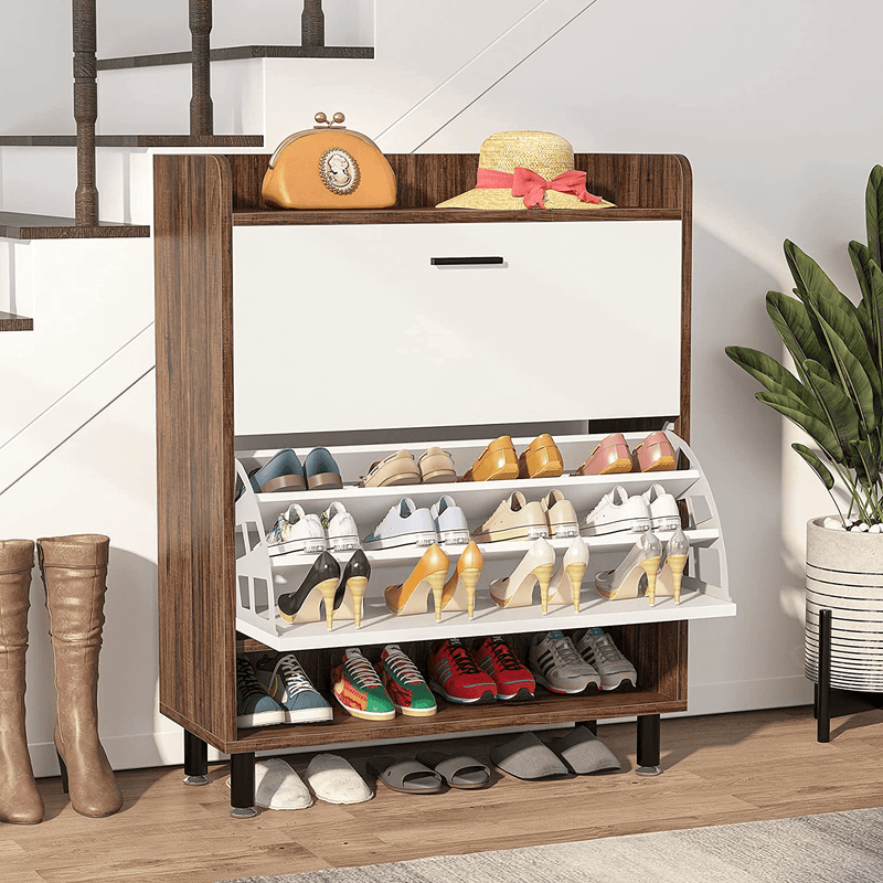Tribesigns 3-Tier Shoe Storage Cabinet, 24 Pair Tall Shoe Cabinet with Door, Vintage Shoe Organizer Rack with 2 Drawers and Open Shelves for Entryway, Living Room, Bedroom, Dorm Room, Brown Furniture > Cabinets & Storage > Armoires & Wardrobes Tribesigns   