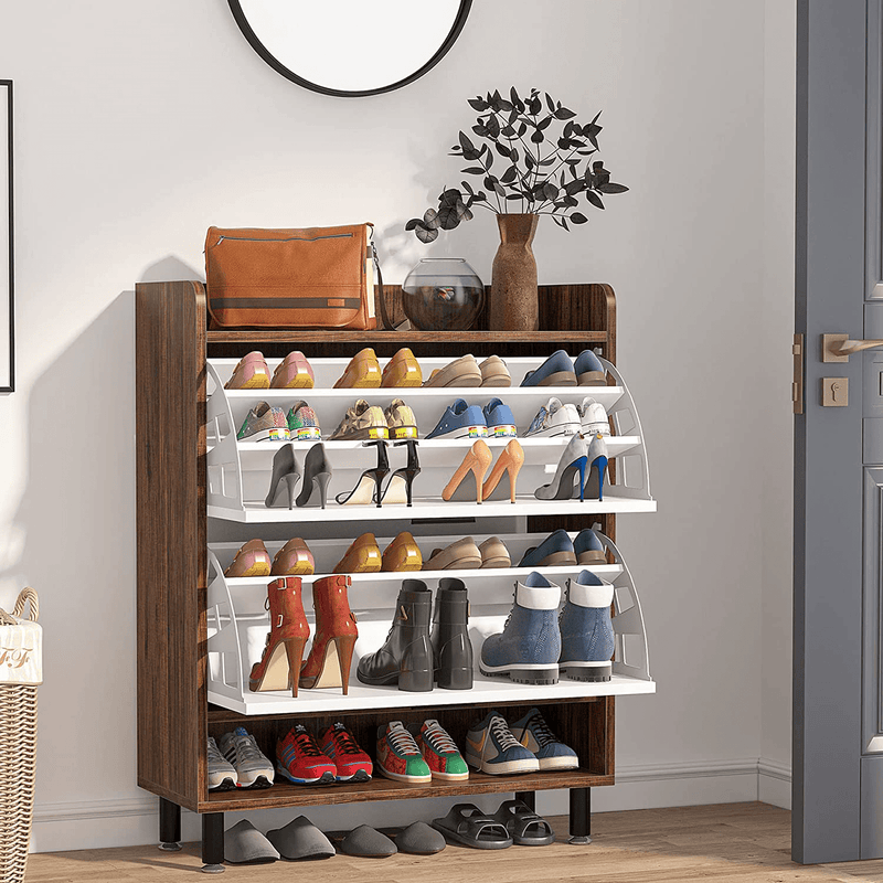 Tribesigns 3-Tier Shoe Storage Cabinet, 24 Pair Tall Shoe Cabinet with Door, Vintage Shoe Organizer Rack with 2 Drawers and Open Shelves for Entryway, Living Room, Bedroom, Dorm Room, Brown