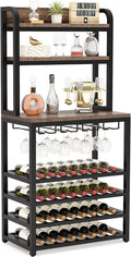 Tribesigns 32 Bottle Wine Rack Freestanding Floor, 7-Tier Wine Storage Display Shelves with Glass Holder, Wine Bar Cabinet Bottle Holder Organizer Stand for Kitchen Bar Dining Room (Rustic Brown)