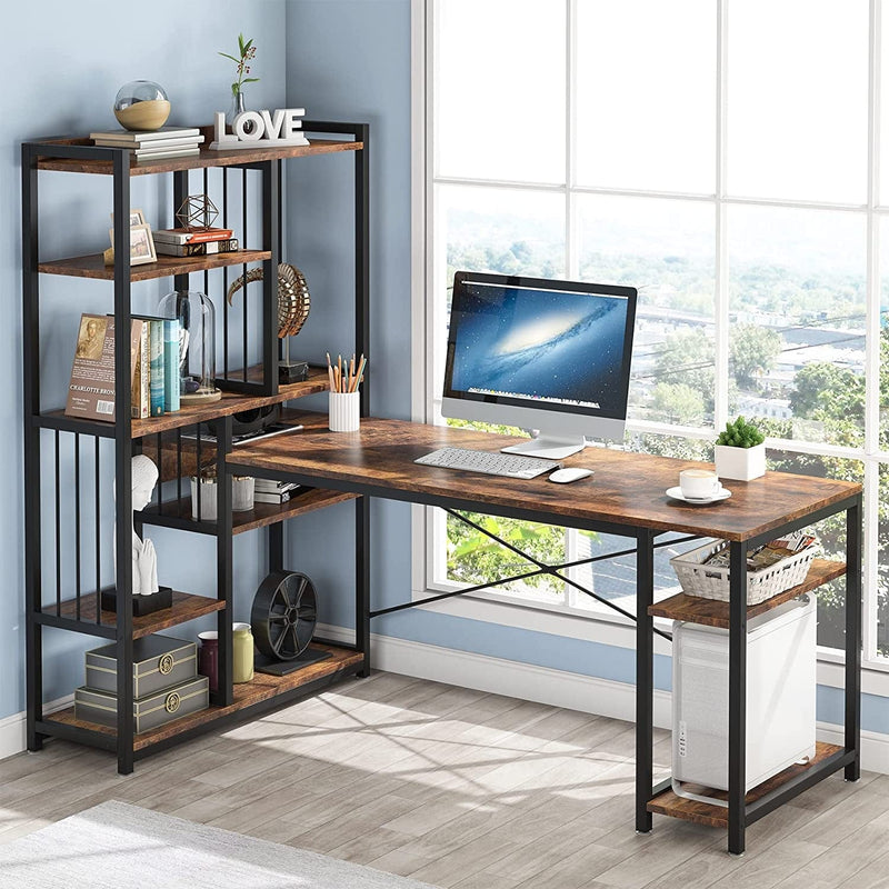 Tribesigns 55" Computer Desk with Reversible Shelves,67" Corner Desk with 6-Tier Storage Bookshelf, Writing Table Workstation, Study Desk for Home Office, Rustic Brown Home & Garden > Household Supplies > Storage & Organization Tribesigns   