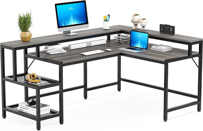 Tribesigns 69 Inch L Shaped Desk with Monitor Stand, Large Reversible Corner Desk with Storage Shelf, Industrial Computer Table Writing Desk for Home Office, Gray