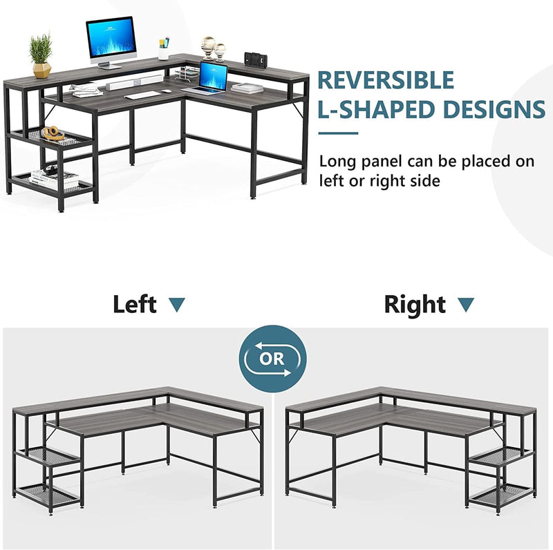 Tribesigns 69 Inch L Shaped Desk with Monitor Stand, Large Reversible Corner Desk with Storage Shelf, Industrial Computer Table Writing Desk for Home Office, Gray